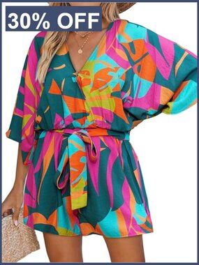 Women's Mini Romper V Neck Half Sleeve Loose Fit Summer Beach Vacation Short